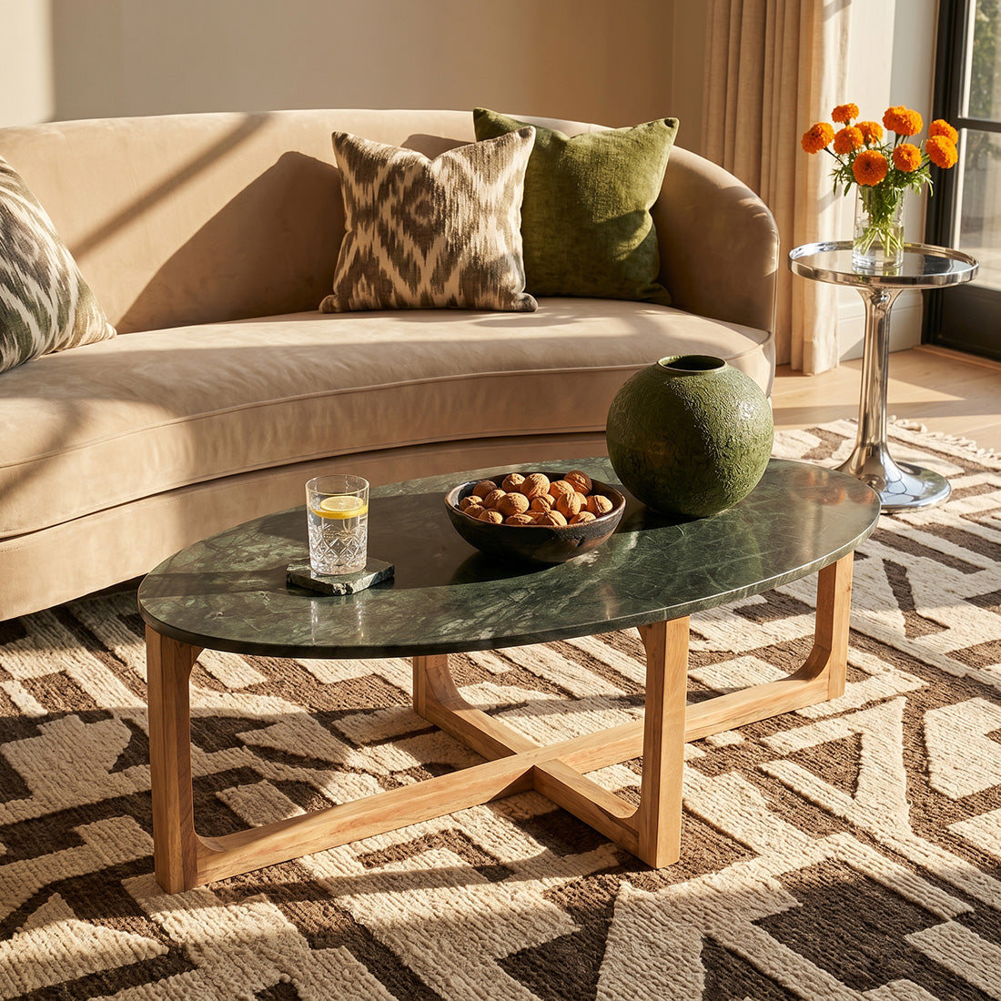 Oval marble coffee table - Green - 120x60x38 cm